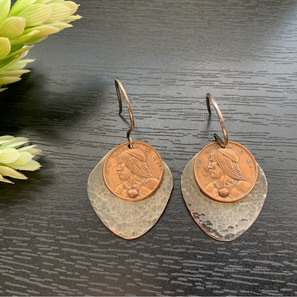 Vintage Coin Spoon Earrings Panama Hammered Artisan Handcrafted French E… - Picture 1 of 8